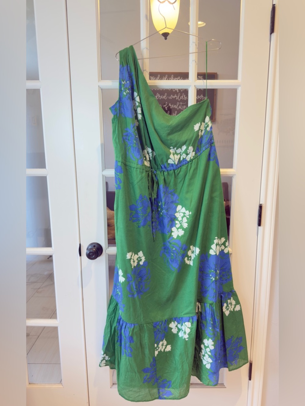 Sugarlips One-Shoulder Green Floral Dress with Blue & White Accents